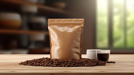 A mock-up of a paper bag with a coffee product. Coffee varieties.