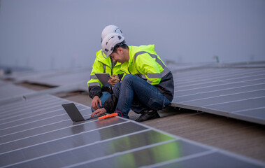 Engineers with walking on factory roof inspect survey and check solar cell panel by notebook and tablet with solar cell is ecology energy alternative power factory concept.