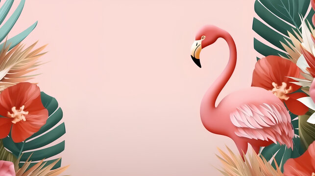 Postcard background in a tropical theme with the image of a flamingo.