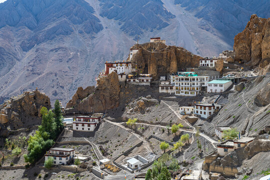 panoramic view of dhankar monastery in spiti valley, india