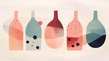 Wine bottles. Wine minimalistic illustrations. Wine Bottle and glass. Bright colors. Watercolor art