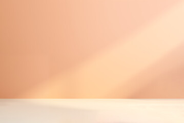 Empty room wall painted in peach color. Minimalistic abstract apricot background for product presentation