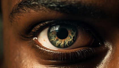 a close up of a man's eye with a green eye - obrazy, fototapety, plakaty