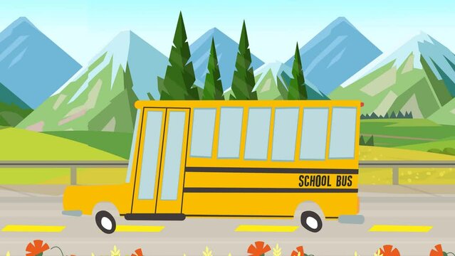 Cartoon School Bus Animation.  A cartoon animation of a school bus traveling along a country road on it’s way to pick up children and take them to school.