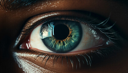 a close up of a man's eye with a green eye