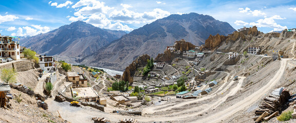 panoramic view of dhankar monastery in spiti valley, india - obrazy, fototapety, plakaty