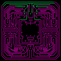 Computer processor chip on circuit board. Neon futuristic technology abstraction -  microcircuit vector illustration 