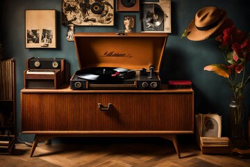 A vintage record player on a retro sideboard, surrounded by classic vinyl albums and nostalgic decor. 