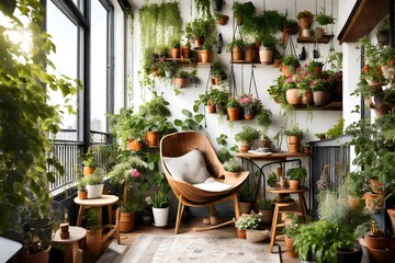 A plant-filled balcony with hanging baskets, potted flowers, and a cozy chair for enjoying the outdoors.  - obrazy, fototapety, plakaty