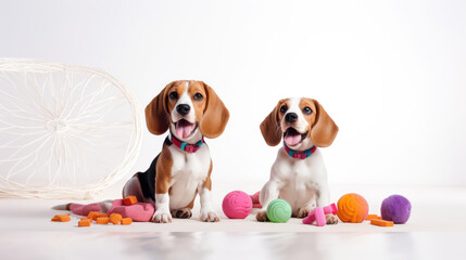 Beagles with pet toys