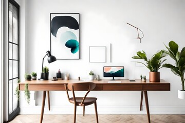 A minimalist workspace with a sleek desk, a potted succulent, and a splash of color from abstract wall art. 