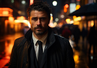 A businessman standing in downtown melbourne. A man standing on a street at night