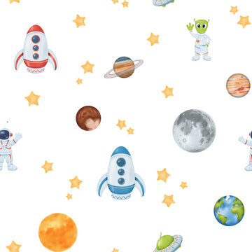 seamless watercolor pattern. starry sky. yellow stars Earth a whimsical astronaut, an alien, UFO rocket, moon and sun. for wallpapers, children's rooms, textiles, baby clothes, and textbooks