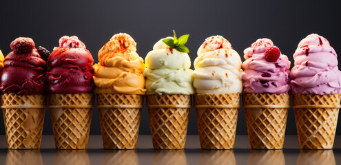 Wholesale liq ice cream cones. A row of ice cream cones with different flavors