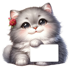 Fototapeta na wymiar Cute cat holding blank advertising sign. Generative AI