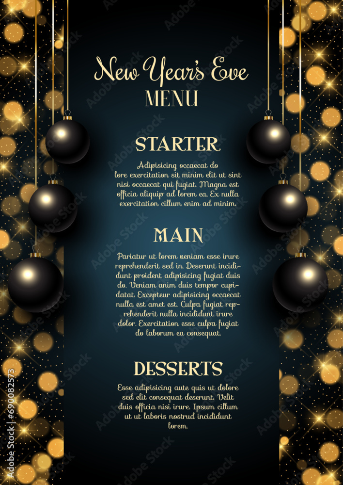 Wall mural Elegant New Years Eve menu design with hanging baubles and bokeh lights background