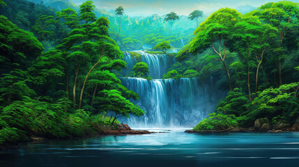 Painting of high cascading waterfalls in a remote tropical jungle - flowing river with crystal clear blue water, lush green vegetation and trees - scenic otherworldly beauty paradise.  