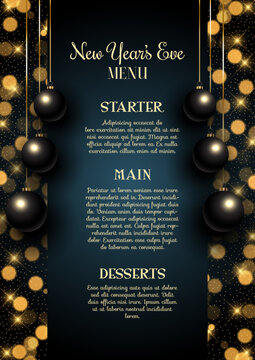 Elegant New Years Eve menu design with hanging baubles and bokeh lights background