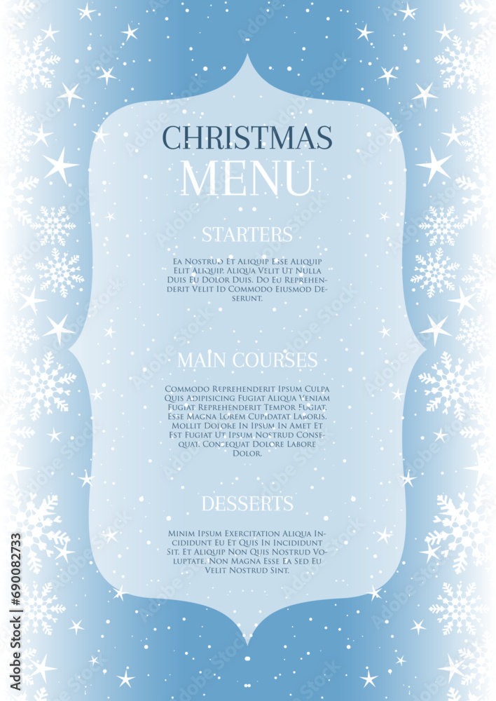 Poster christmas menu design with a snowflake and stars border