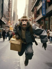Obraz premium A monkey dressed as a man in a city street. Generative AI.