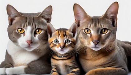 Three cats, father, mother and children are a cute family. Lying down, taking pictures together with a white background.