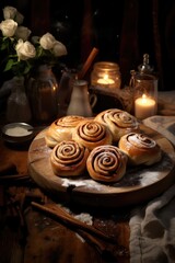 Cinnamon rolls, wooden table
