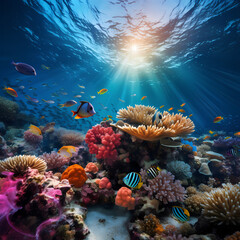 Naklejka na ściany i meble A vibrant coral reef teeming with marine life.