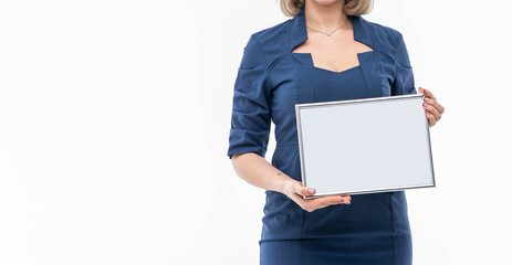 Bisness woman holding brochure with blank cover on white background 