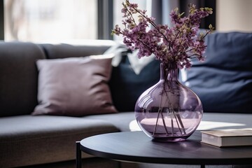 Detail of violet vase in beautiful modern living room