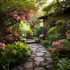 Fototapeta na wymiar A tranquil garden with a stone pathway