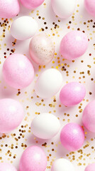 Fototapeta na wymiar top view of shiny pink and golden confetti easter eggs on a white background, minimalistic, vertical easter phone wallpaper