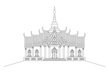 Obraz premium Line art vector of Thailand temple or Wat drawing in black and white