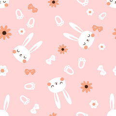 Seamless pattern with bunny rabbit cartoons, daisies, sunflower and foot print on pink background vector illustration.