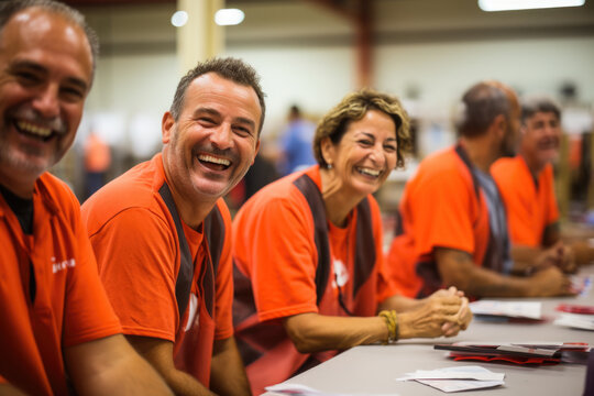 The image shows three smiling volunteers wearing orange shirts. The concept embodies teamwork and joy.
