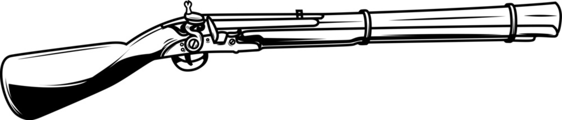 Illustration of old mushket gun isolated on white background. Design element for emblem, sign, poster, badge. Vector illustration