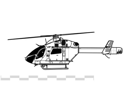 MD Helicopters MD 900 Explorer. Light utility helicopter with NOTAR system. Side view. Image for illustration and infographics.