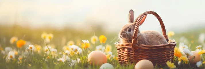 Foto op Canvas Easter basket with cute bunny and easter eggs on a colorful blooming spring meadow. Beautiful natural image with vintage effect and selective focus. Ideal as web banner or in social media. Copy space. © Aul Zitzke
