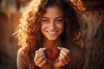 a woman smiling directly into the camera, her fingers forming a heart shape