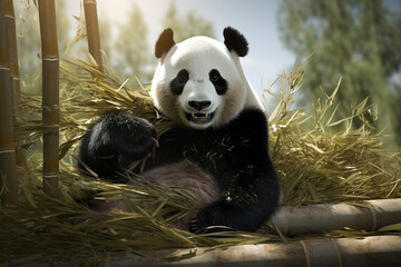 Obraz premium Panda bear sitting and eating bamboo