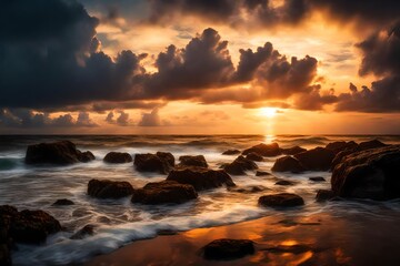 Scenic view of sea against dramatic sky during sunset - Powered by Adobe