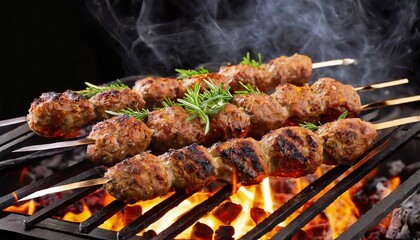 Grilled lula kebab on skewers on a barbecue grill over charcoal and fire under them. Black...