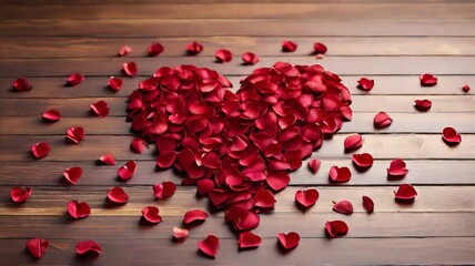 Red Rose Petals Forming a Heart on a Wooden Background