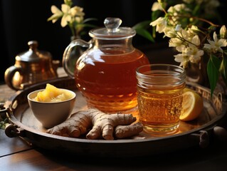 Cup of ginger tea with lemon and honey on tray on wooden table