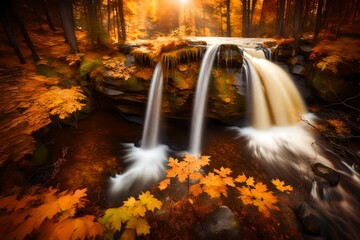 Golden autumn. Waterfall Keila - Joa top view. Attraction in Estonia. Autumn