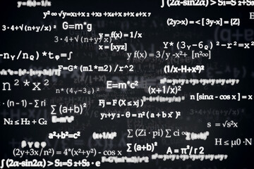 Mathematical and physical formulas. Theoretical assumptions, education, study, basic research, scientific formulas, mathematical variables and symbols.