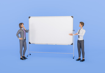 stylized character businessman presenting to a businesswoman next to a blank whiteboard, business strategy and planning concepts on a blue background.