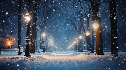 Snowfall in the city park at night in winter