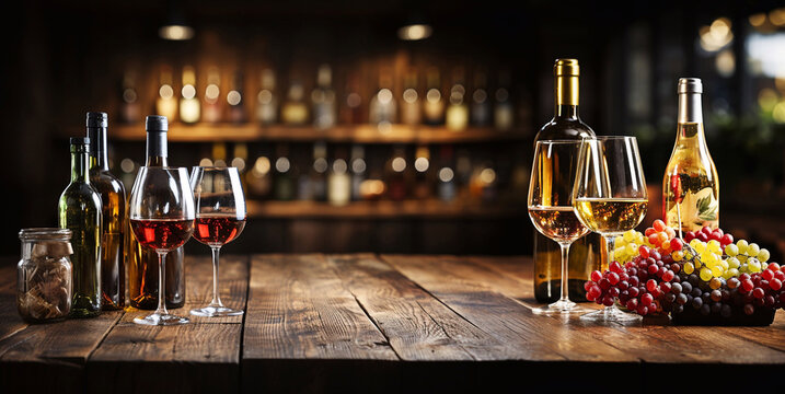 Pink rose wine glasses on large wooden table in winery vintage shop.Macro.AI Generative. - Powered by Adobe