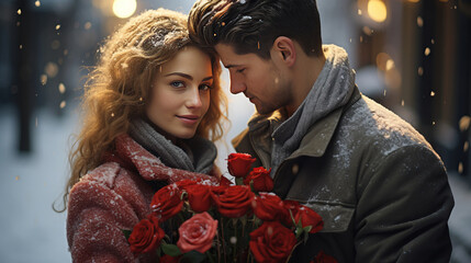 Portrait of young couple outdoor in snowy winter day. Woman with beautiful bouquet of red roses.