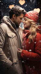 Portrait of young beautiful couple outdoor in snowy winter evening with warm heart shape lights bokeh on background